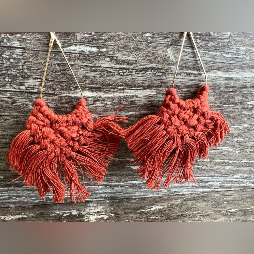 Handmade Terracotta Rust‎ Macrame Fringe Earrings Boho Crochet Dangle Teardrop